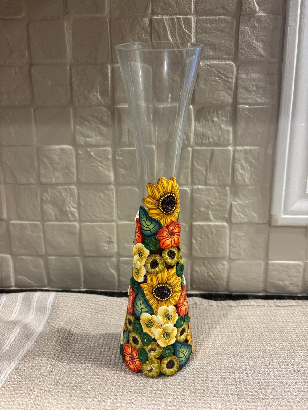 Polymer clay flowers over Glass Vase